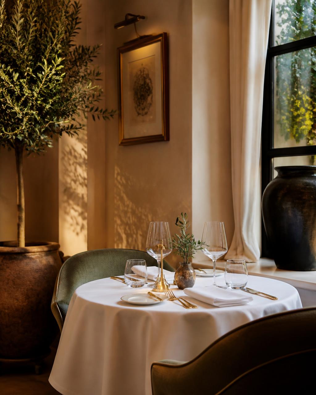 A window table set with linen and gold cutlery