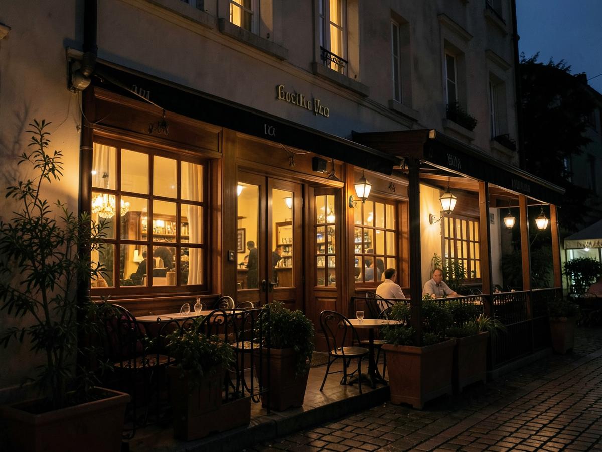 The restaurant facade in the evening