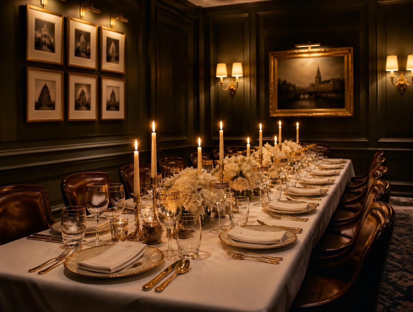 Private dining room set with candles and gold-rimmed glassware